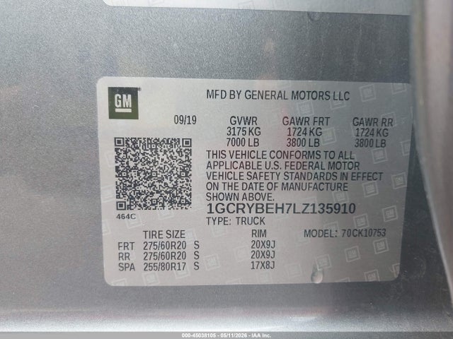 45038105 :رقم المزاد ، 1GCRYBEH7LZ135910 vin ، 2020 Chevrolet Silverado 1500 4wd  Standard Bed Custom مزاد بيع