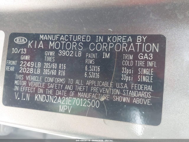 45038119 :رقم المزاد ، KNDJN2A21E7012500 vin ، 2014 Kia Soul مزاد بيع