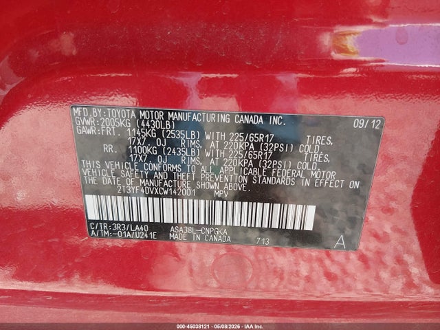 2012 Toyota Rav4 Limited მანქანა იყიდება აუქციონზე, vin: 2T3YF4DVXCW142001, აუქციონის ნომერი: 45038121