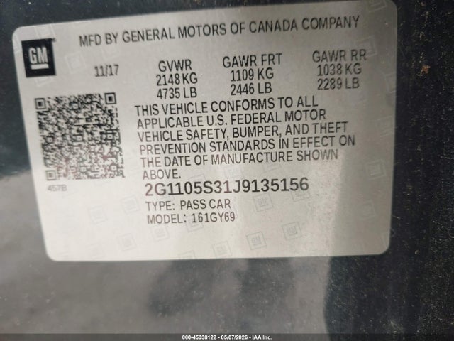 45038122 :رقم المزاد ، 2G1105S31J9135156 vin ، 2018 Chevrolet Impala 1lt مزاد بيع