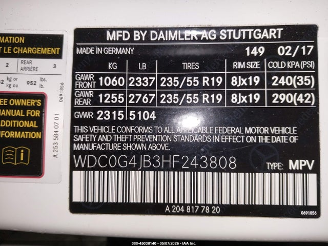 45038140 :رقم المزاد ، WDC0G4JB3HF243808 vin ، 2017 Mercedes-benz Glc 300 مزاد بيع