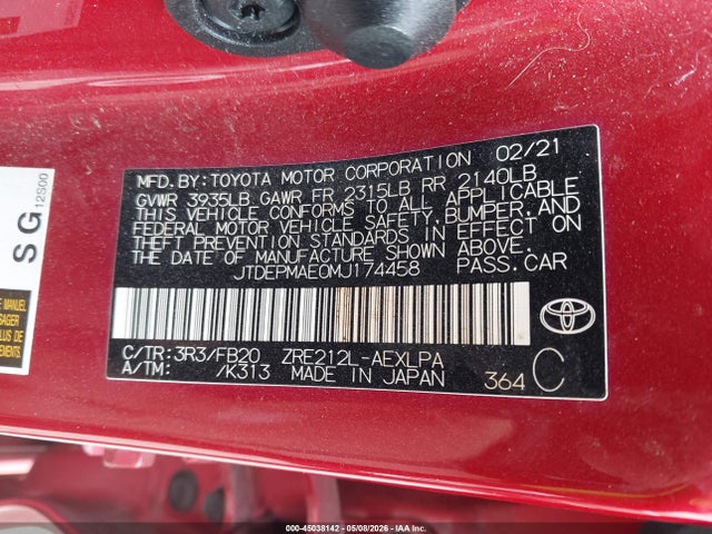 Продаж на аукціоні авто 2021 Toyota Corolla Le, vin: JTDEPMAE0MJ174458, номер лоту: 45038142
