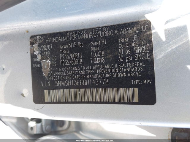 2008 Hyundai Santa Fe Limited/se მანქანა იყიდება აუქციონზე, vin: 5NMSH13E68H145778, აუქციონის ნომერი: 45038155