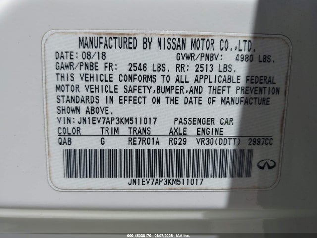 Aukcja sprzedaży 2019 Infiniti Q50 3.0t Sport, vin: JN1EV7AP3KM511017, numer aukcji: 45038170