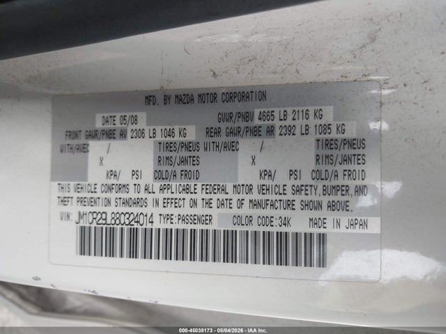 Продаж на аукціоні авто 2008 Mazda Mazda5 Grand Touring, vin: JM1CR29L880324014, номер лоту: 45038173