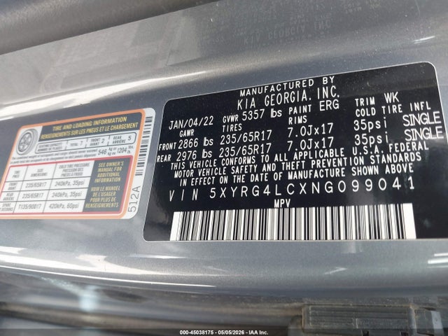 Продажа на аукционе авто 2022 Kia Sorento Lx, vin: 5XYRG4LCXNG099041, номер лота: 45038175