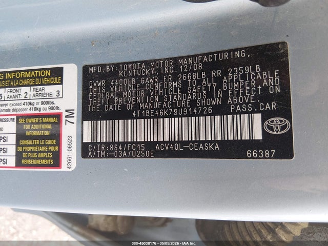 Продажа на аукционе авто 2009 Toyota Camry Se, vin: 4T1BE46K79U914726, номер лота: 45038176