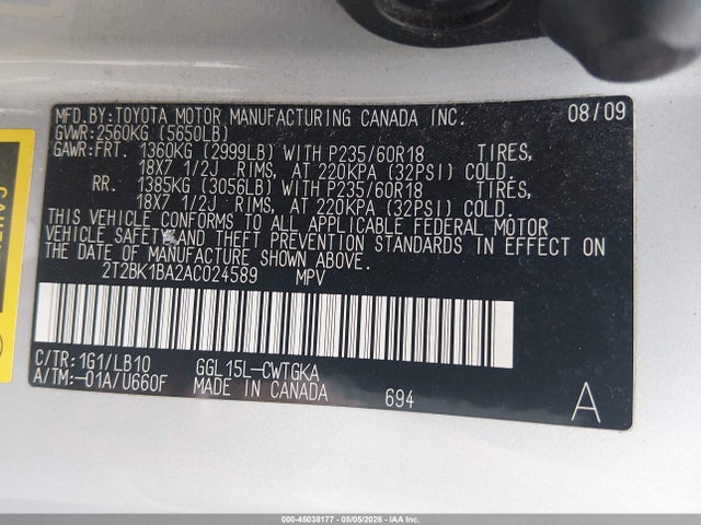45038177 :رقم المزاد ، 2T2BK1BA2AC024589 vin ، 2010 Lexus Rx 350 مزاد بيع