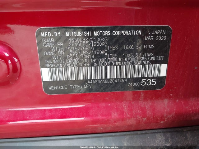 Продаж на аукціоні авто 2020 Mitsubishi Eclipse Cross Es 1.5t, vin: JA4AS3AA8LZ041459, номер лоту: 45038186