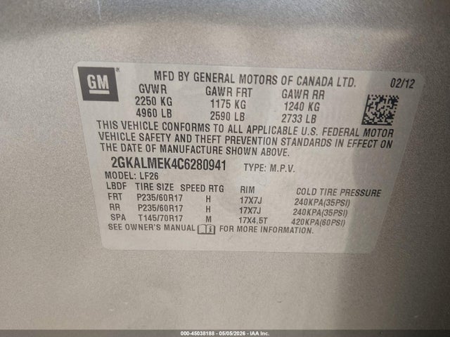 Aukcja sprzedaży 2012 Gmc Terrain Sle-1, vin: 2GKALMEK4C6280941, numer aukcji: 45038188