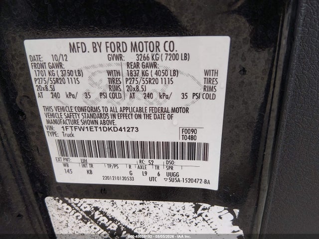 Aukcja sprzedaży 2013 Ford F-150 King Ranch, vin: 1FTFW1ET1DKD41273, numer aukcji: 45038192