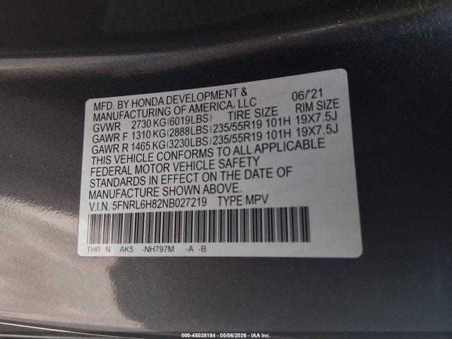 Honda Odyssey Touring 2022 5FNRL6H82NB027219 Image 9
