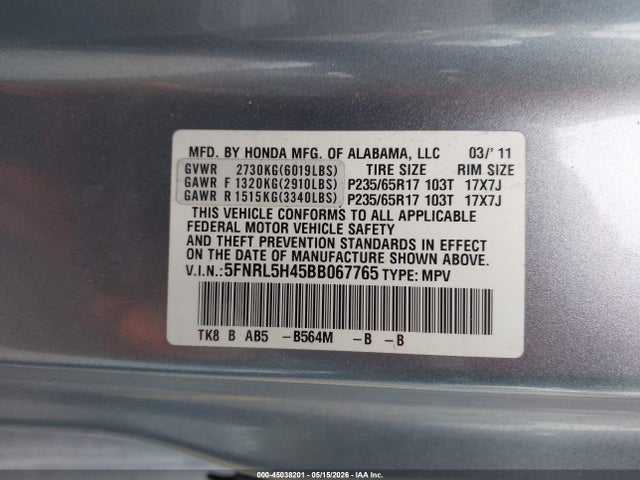 45038201 :رقم المزاد ، 5FNRL5H45BB067765 vin ، 2011 Honda Odyssey Ex مزاد بيع