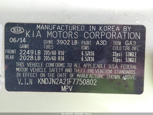 45038204 :رقم المزاد ، KNDJN2A21F7750802 vin ، 2015 Kia Soul مزاد بيع