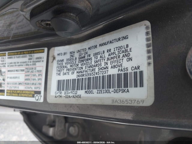 Aukcja sprzedaży 2005 Toyota Corolla S, vin: 1NXBR32E65Z457237, numer aukcji: 45038211