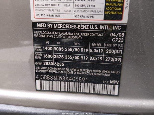 45038222 :رقم المزاد ، 4JGBB86E58A405891 vin ، 2008 Mercedes-benz Ml 350 4matic مزاد بيع