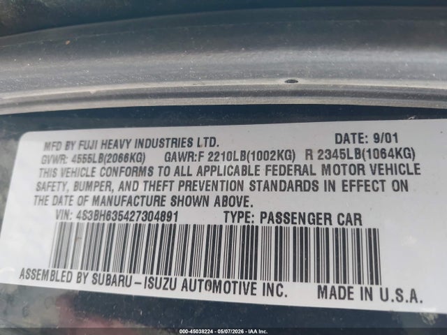 Aukcja sprzedaży 2002 Subaru Legacy L, vin: 4S3BH635427304891, numer aukcji: 45038224