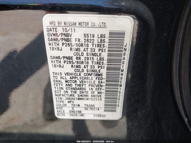 45038231 :رقم المزاد ، JN8AS1MW6CM152515 vin ، 2012 Infiniti Fx35 مزاد بيع