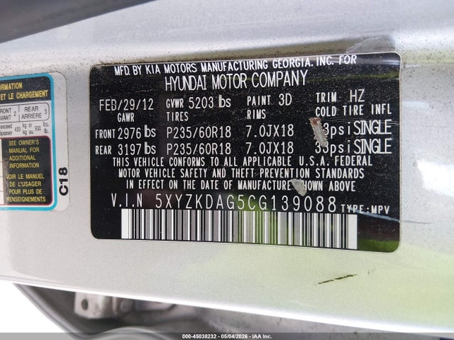45038232 :رقم المزاد ، 5XYZKDAG5CG139088 vin ، 2012 Hyundai Santa Fe Limited V6 مزاد بيع