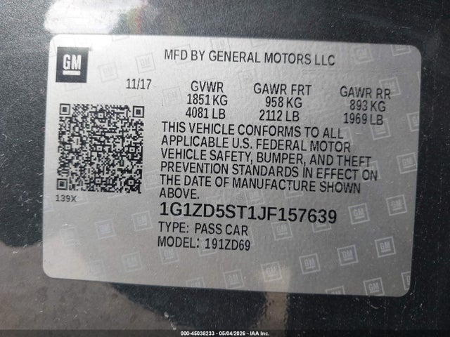 1G1ZD5ST1JF157639 Chevrolet MALIBU LT