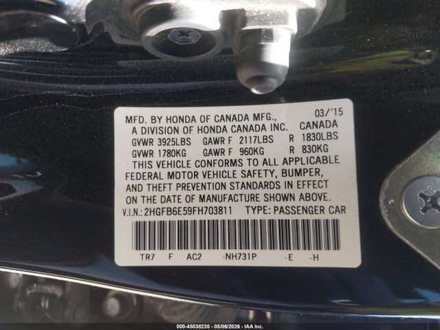 Honda CIVIC SI 2015 2HGFB6E59FH703811 Image 9