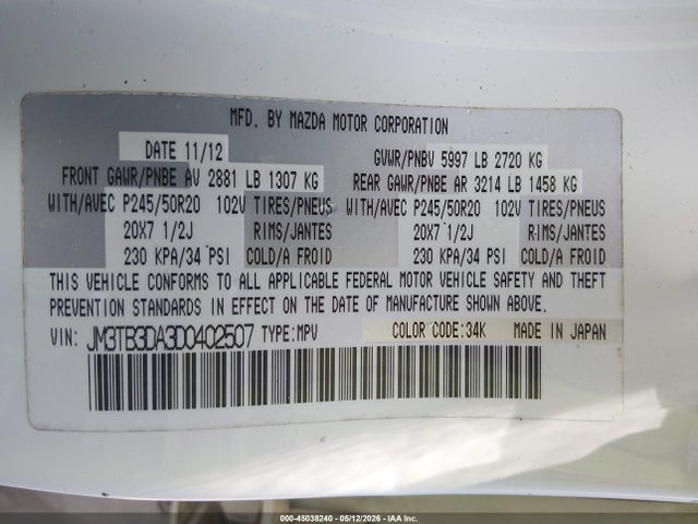 Продаж на аукціоні авто 2013 Mazda Cx-9 Grand Touring, vin: JM3TB3DA3D0402507, номер лоту: 45038240