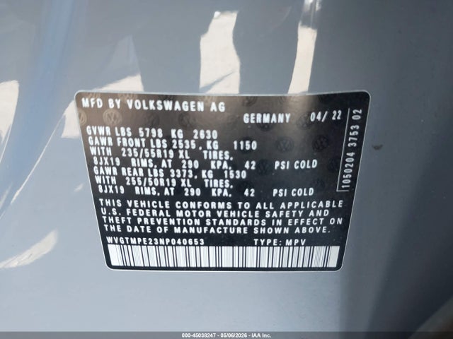 Aukcja sprzedaży 2022 Volkswagen Id.4 Pro S, vin: WVGTMPE23NP040653, numer aukcji: 45038247