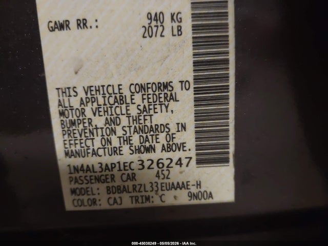 45038249 :رقم المزاد ، 1N4AL3AP1EC326247 vin ، 2014 Nissan Altima 2.5 S مزاد بيع