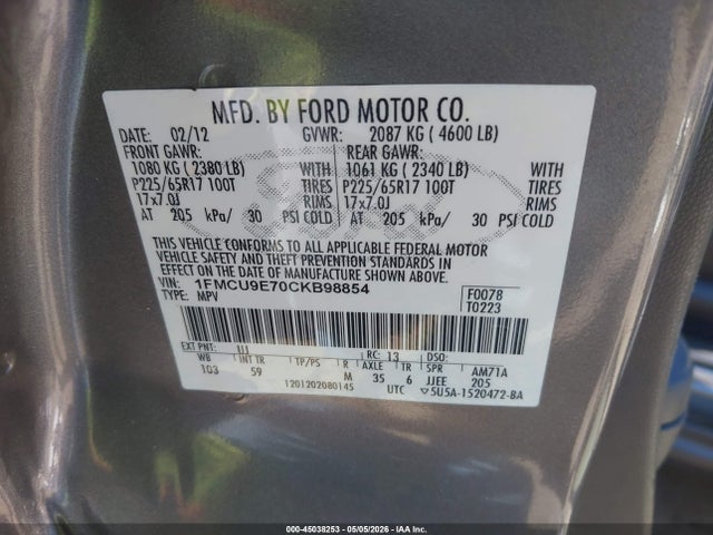 Продажа на аукционе авто 2012 Ford Escape Limited, vin: 1FMCU9E70CKB98854, номер лота: 45038253