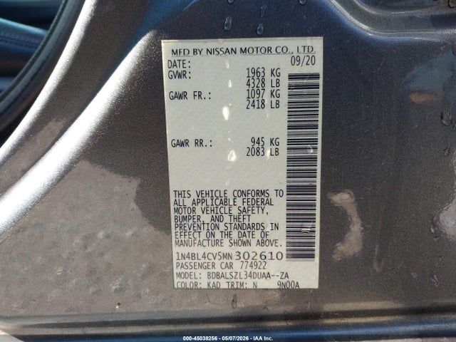 Продажа на аукционе авто 2021 Nissan Altima Sr Fwd, vin: 1N4BL4CV5MN302610, номер лота: 45038256
