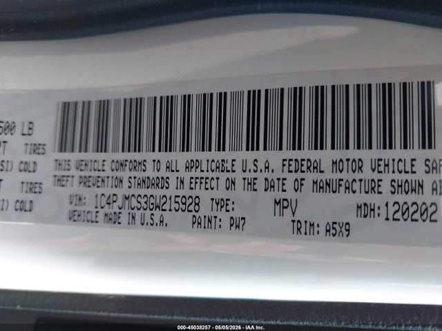 45038257 :رقم المزاد ، 1C4PJMCS3GW215928 vin ، 2016 Jeep Cherokee Latitude مزاد بيع