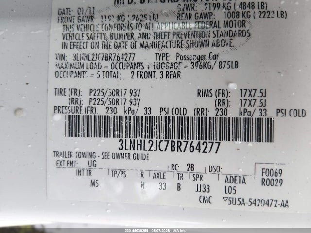 Продаж на аукціоні авто 2011 Lincoln Mkz, vin: 3LNHL2JC7BR764277, номер лоту: 45038259