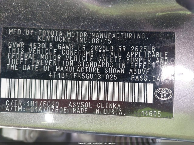 2016 Toyota Camry Le მანქანა იყიდება აუქციონზე, vin: 4T1BF1FK5GU131025, აუქციონის ნომერი: 45038272