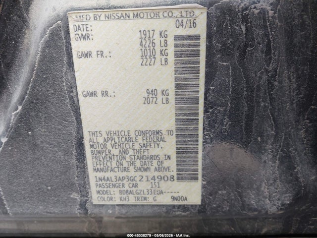Aukcja sprzedaży 2016 Nissan Altima 2.5/2.5 S/2.5 Sl/2.5 Sr/2.5 Sv, vin: 1N4AL3AP3GC214908, numer aukcji: 45038279