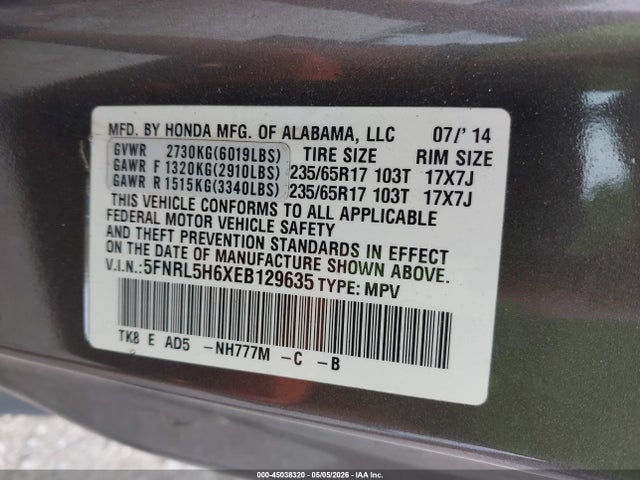 Продаж на аукціоні авто 2014 Honda Odyssey Ex-l, vin: 5FNRL5H6XEB129635, номер лоту: 45038320