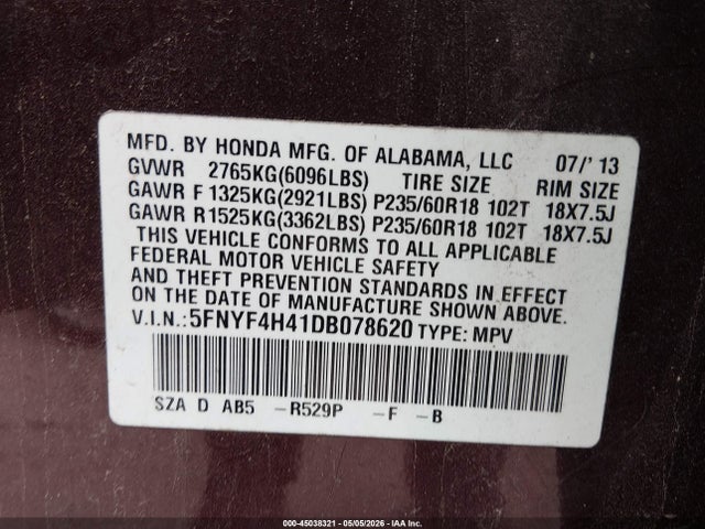 45038321 :رقم المزاد ، 5FNYF4H41DB078620 vin ، 2013 Honda Pilot Ex مزاد بيع