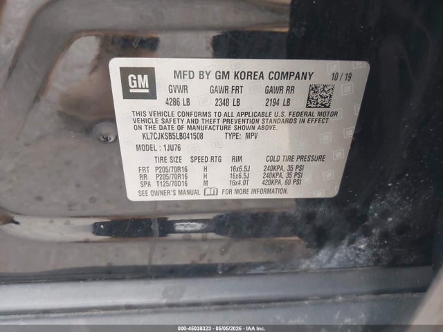 Продажа на аукционе авто 2020 Chevrolet Trax Fwd Ls, vin: KL7CJKSB5LB041508, номер лота: 45038323