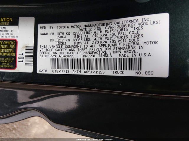 45038325 :رقم المزاد ، 5TENX22N19Z649695 vin ، 2009 Toyota Tacoma مزاد بيع