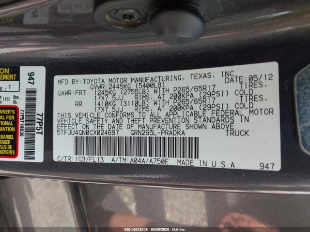 Aukcja sprzedaży 2012 Toyota Tacoma Prerunner V6, vin: 5TFJU4GN0CX024697, numer aukcji: 45038336