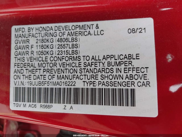 45038341 :رقم المزاد ، 19UUB5F51MA016222 vin ، 2021 Acura Tlx A-spec Package مزاد بيع