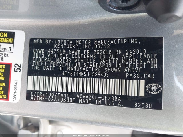 Продажа на аукционе авто 2018 Toyota Camry Se, vin: 4T1B11HK5JU599405, номер лота: 45038345