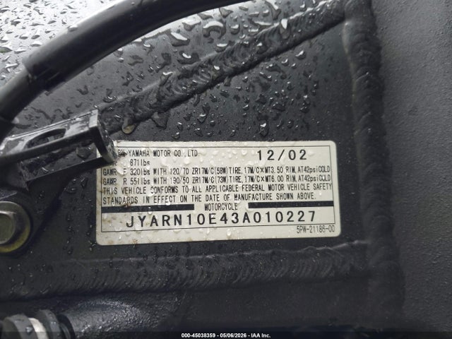 45038359 :رقم المزاد ، JYARN10E43A010227 vin ، 2003 Yamaha Yzfr1 مزاد بيع