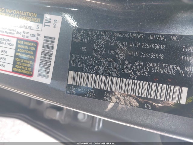 45038360 :رقم المزاد ، 5TDHBRCH8LS501805 vin ، 2020 Toyota Highlander Hybrid Xle مزاد بيع