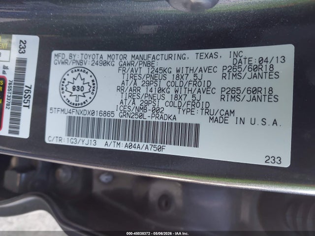 2013 Toyota Tacoma V6 მანქანა იყიდება აუქციონზე, vin: 5TFMU4FNXDX016865, აუქციონის ნომერი: 45038372