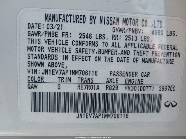 Продаж на аукціоні авто 2021 Infiniti Q50 Pure, vin: JN1EV7AP1MM706116, номер лоту: 45038374