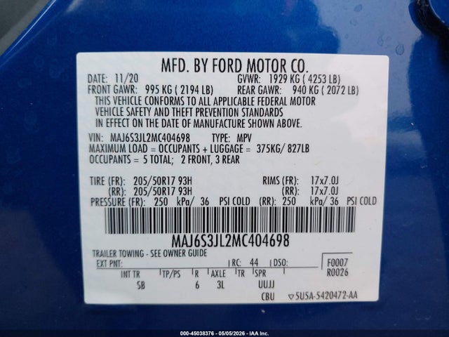 45038376 :رقم المزاد ، MAJ6S3JL2MC404698 vin ، 2021 Ford Ecosport Ses مزاد بيع