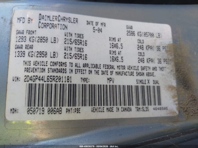 Продажа на аукционе авто 2005 Dodge Grand Caravan Sxt, vin: 2D4GP44L65R201181, номер лота: 45038379