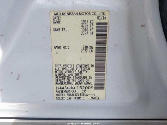 45038384 :رقم المزاد ، 1N4AL3AP4GC162009 vin ، 2016 Nissan Altima 2.5 Sl مزاد بيع