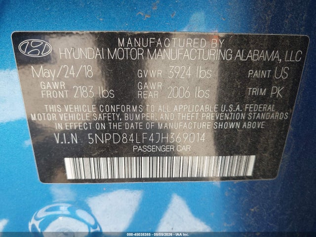 45038385 :رقم المزاد ، 5NPD84LF4JH369014 vin ، 2018 Hyundai Elantra Sel مزاد بيع
