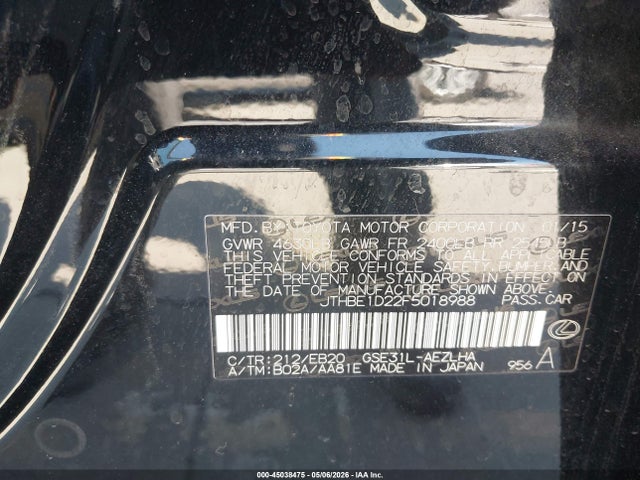 45038475 :رقم المزاد ، JTHBE1D22F5018988 vin ، 2015 Lexus Is 350 مزاد بيع